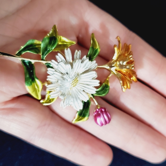 Silver purple tan 3d flower brooch pendant gold green STUNNING NEW enamel - Picture 3 of 12